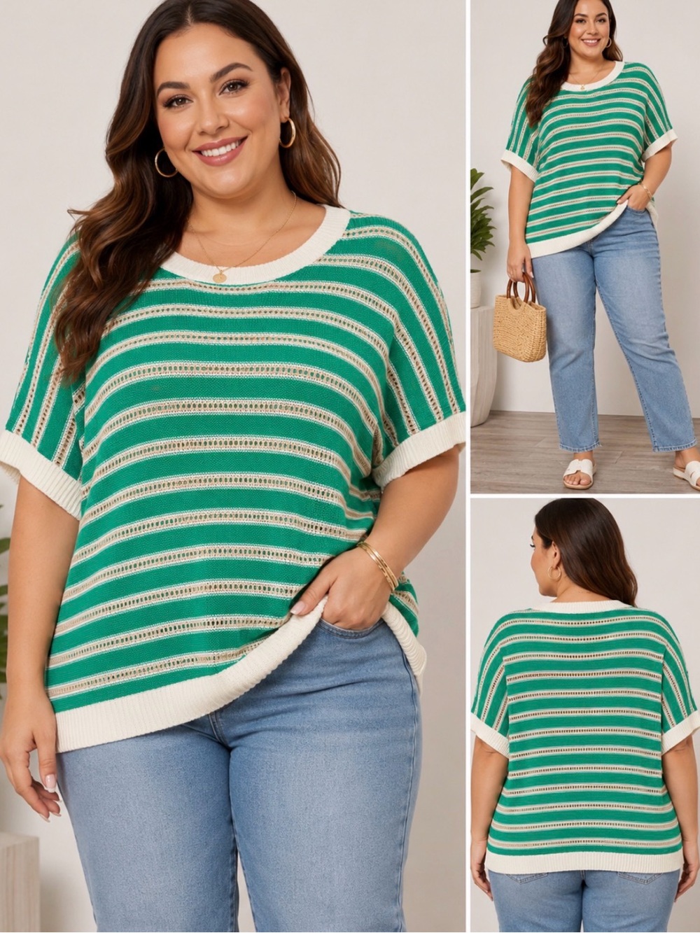 Richstory Green Cream Striped Open-Knit Short Sleeve Sweater Plus Size 2XL